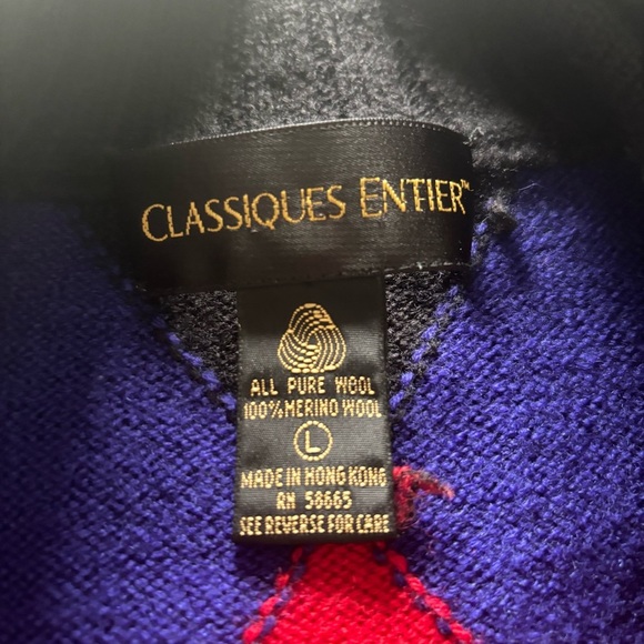 Classiques Entier Merino Wool Argyle Blue and Red Sweater Cropped Sleeves Size L - Picture 3 of 6